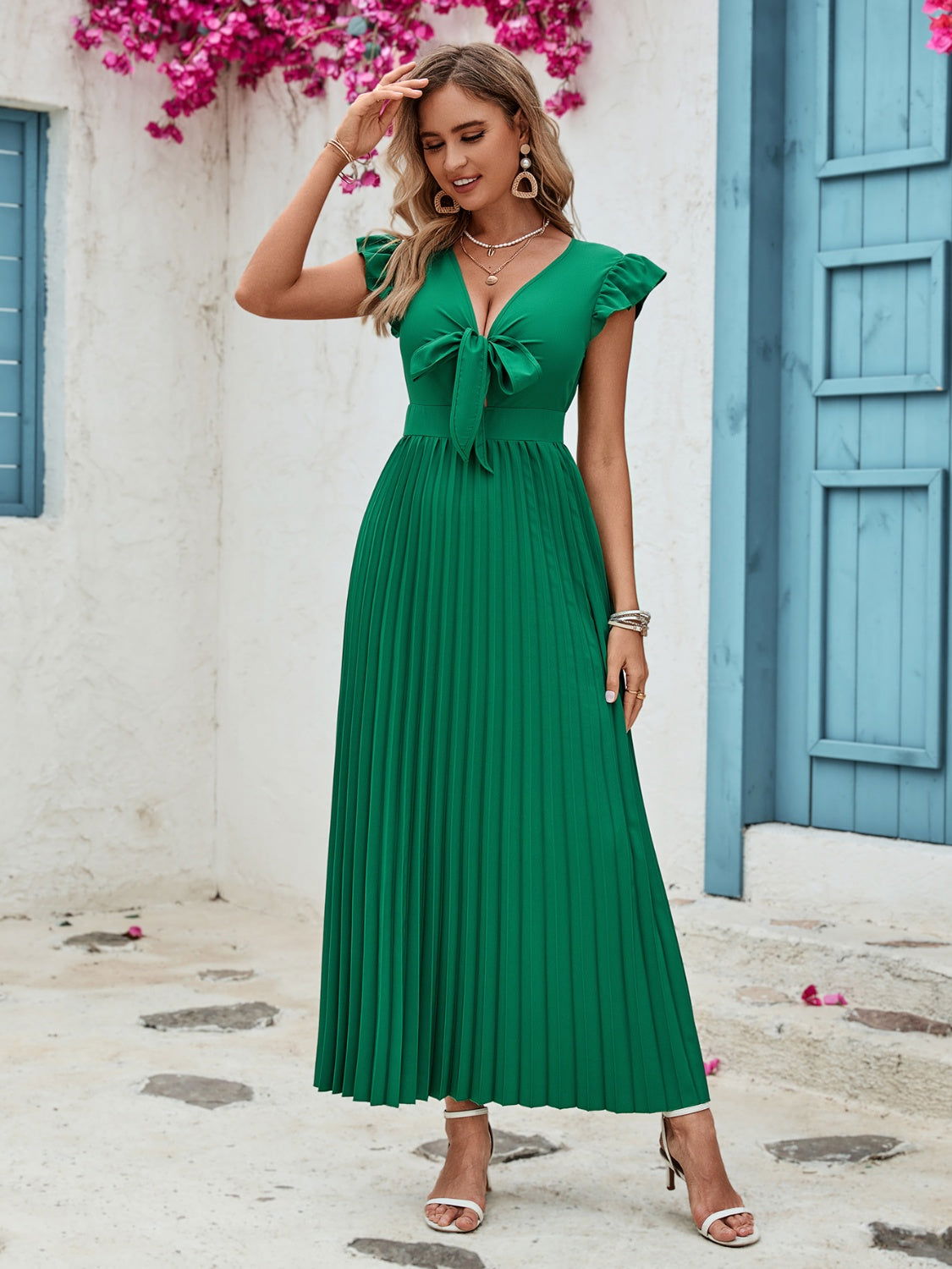 V-Neck Pleated Dress - The Olive Wardrobe